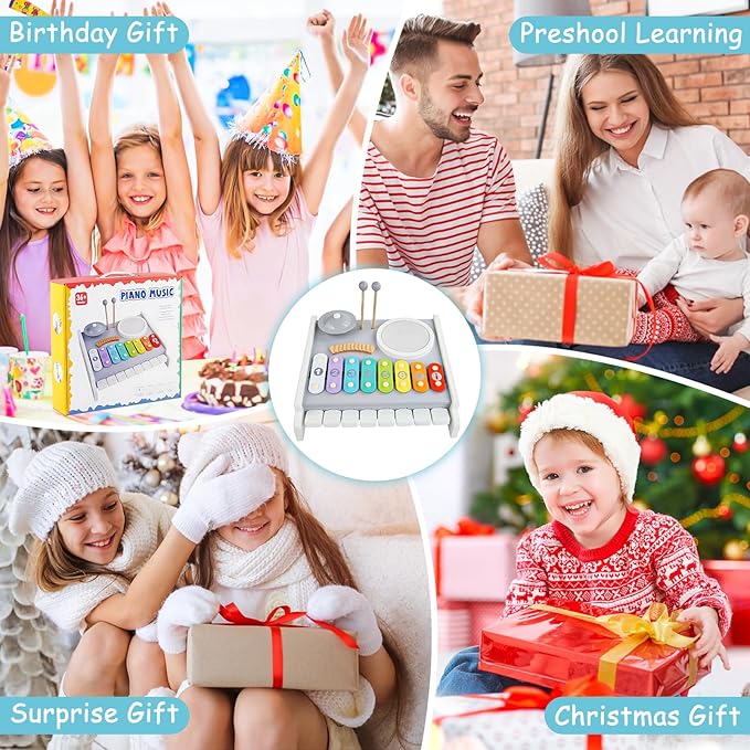 Kids Musical Instruments Piano Drum Set - 5 in 1 Montessori Toys for Toddler Baby, Wooden Music Kit with Piano Keyboard Xylophone, Preschool Educational Sensory Toys, Gifts for Boys Girls 1-8