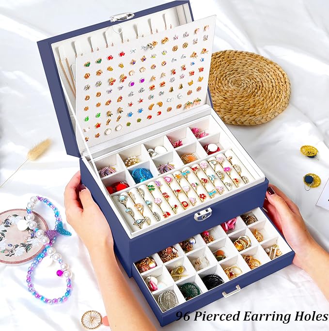Earring Jewelry Box for Women Girls Stud Organizer, 5 Layers Navy Jewelry Organizer Box With Lock Earring Holder Organizer Ring and Necklace Jewelry Box with Earrings Holder for Women Girls