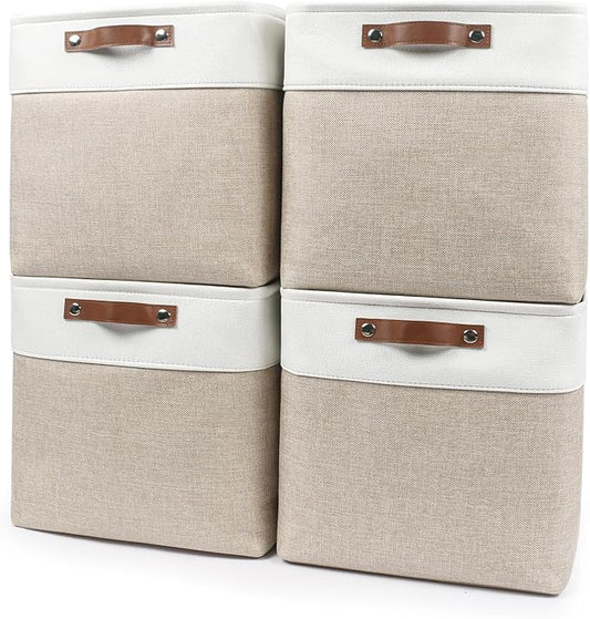 13x13 Cube Storage Bins, Collapsible Fabric Storage Box, 4 Pack Closet Baskets with Handles for Organizing, Shelf, Toys, Clothes, Home, Office, Nursery (Beige&White)