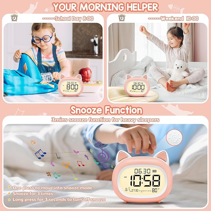 Kids Alarm Clock with Night Light for Kids, Small Digital Alarm Clocks for Bedrooms, Routine Builder, Cute Cat Alarm Clock with Sleep Training, Snooze, 12/24H, Date & Day, Temperature, USB Port
