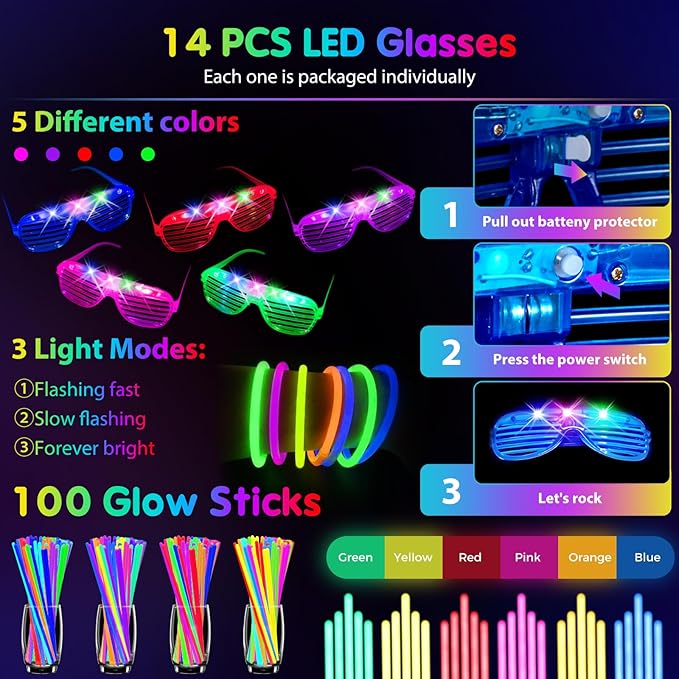 142 PCS Glow in the Dark Party Supplies, 14PCS Foam Glow Sticks, 14PCS Light Up Headband,14PCS LED Glasses and 100PCS Glow Sticks Bracelets,for Glow Party, New Year, Wedding, Concert, Birthday