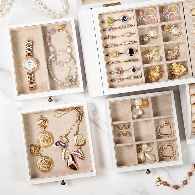 Jewelry Box Organizer, Solid Wood Jewelry Boxes for Women for Storage & Display Necklace Ring Earring Bracelet, Rustic Style Jewelry Organizer Box for Women Gifts (Weathered White)