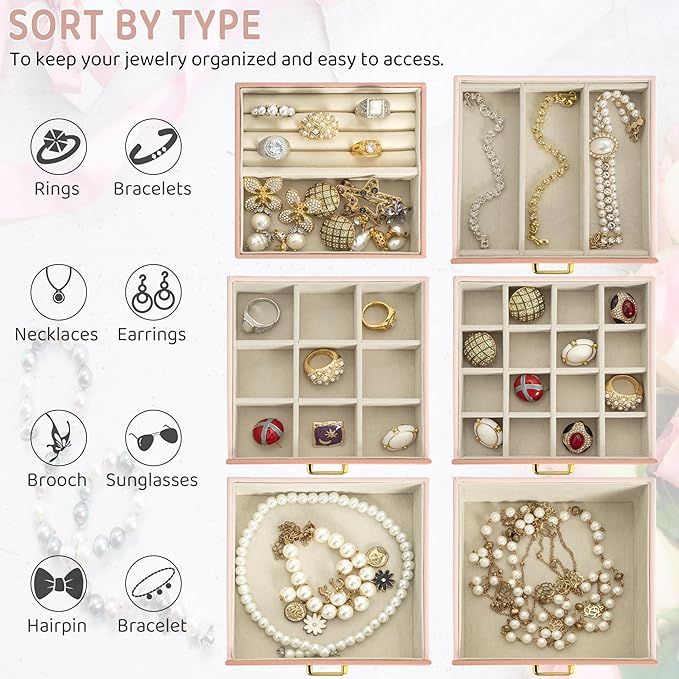 AKOZLIN Jewelry Box Organizer Functional Leather Jewelry Storage Case for Women Girls Ring Necklace Earring Bracelet Holder Organizer with Mirror Pink
