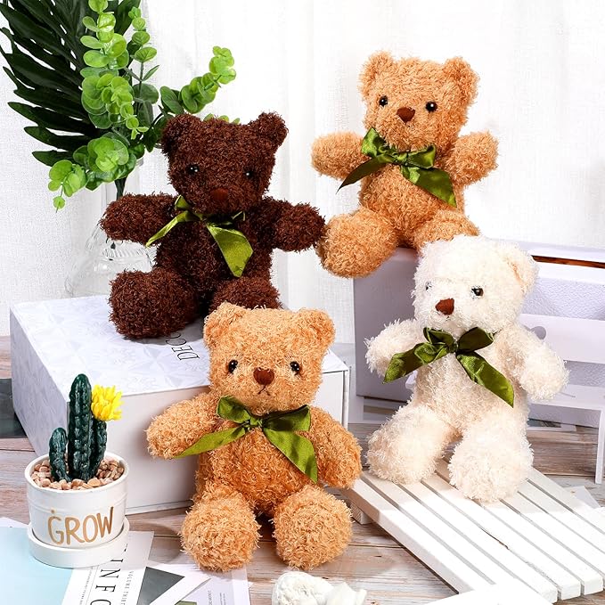HyDren 12 Pack Bear Stuffed Animals 10 Inch Operation Christmas Bulk Items Small Bear Party Favors Plush Toys for Baby Shower Centerpiece Christmas Birthday Gifts(White, Light Brown, Dark Brown)