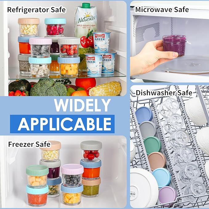 DRKIO 6 Pack Glass Baby Food Storage Containers - 4 Oz Baby Food Jars with Lids Baby Food Maker Microwave Dishwasher Freezer Safe 100% Leak Proof BPA Free Reusable