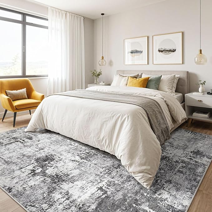 9x12 Area Rug Living Room: Washable Large Abstract Modern Soft Stain Resistant Indoor Floor Rugs Non Slip Accent Carpet for Bedroom Nursery Playroom Office Dining Room Dorm Home House- Black Grey