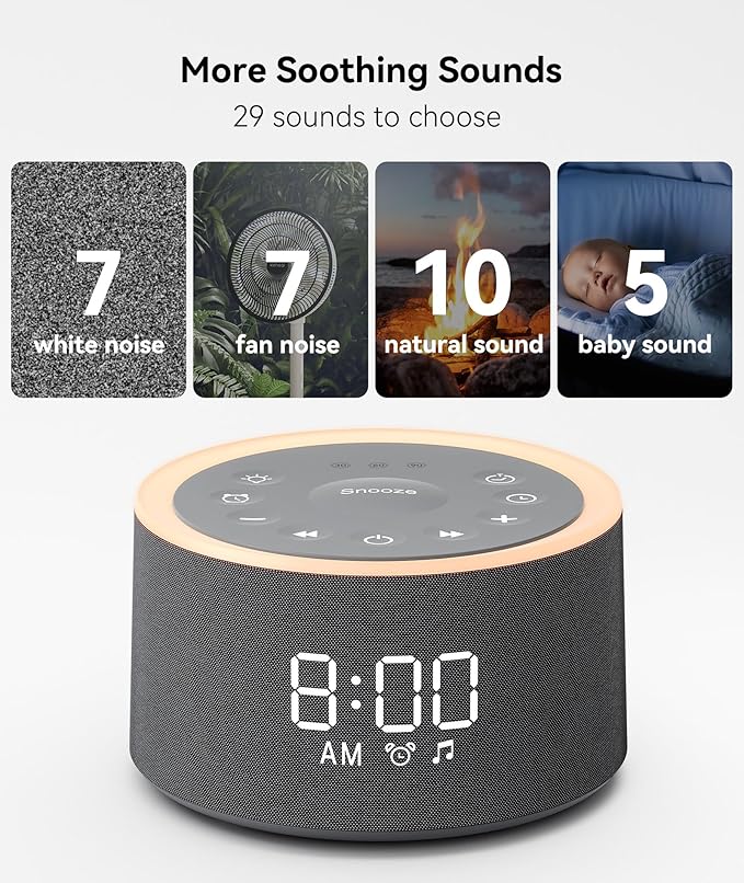Dreamegg D1+ Sound Machine & Alarm Clock - Sound Machine for Sleep, White Noise Machine with 29 Soothing Sounds, Night Light, 0-100% Dimmable, White Noise Alarm Clock for Bedrooms Adults Baby, Black