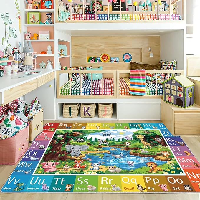 ABC Rug for Kids Room, ABC Baby Mats for Floor Toddlers, Alphabet Play Mat Elementary Preschool Kid's Rugs with Animal Illustrations - (59X39.4 Inches)