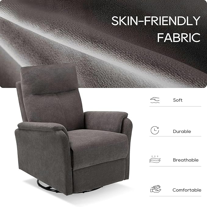 COLAMY Swivel Recliner Chair with Footrest, Strong Glide Chair High Back with Double-Layer Cushion, Rocker Recliner for Nursery & Living Room, Bedroom, Charcoal