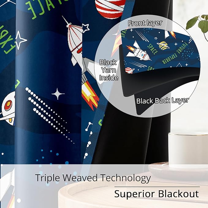 Kids Space Rocket Blackout Curtains - 100% Blackout, Thermal Insulated, Noise Reducing, Perfect for Kids Room and Nursery, 2 Panels (Future Explorer Rockets, W52×L84)
