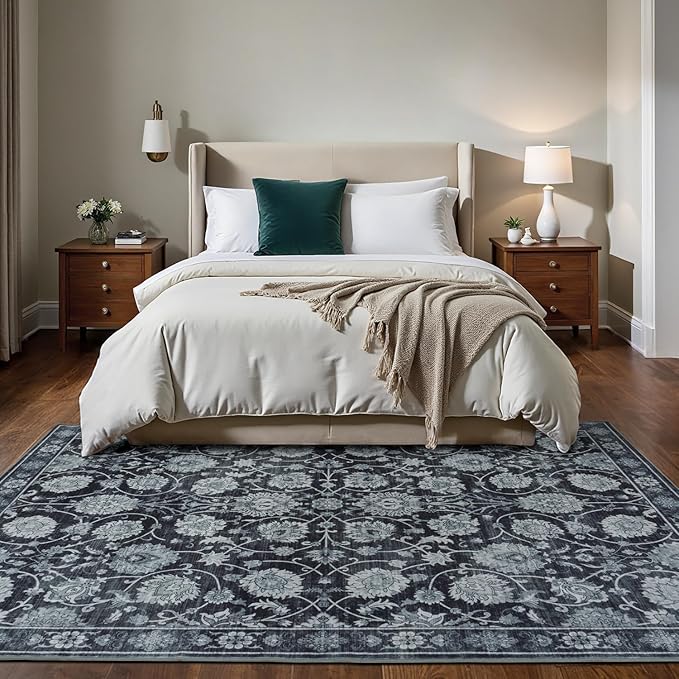 6x9 Area Rug for Living Room & Bedroom, Washable Non-Slip Vintage Distressed Rugs, Floral Soft Carpet, Low Pile Wool Carpets for Indoor Dining Home Office Playroom Under Table, Black