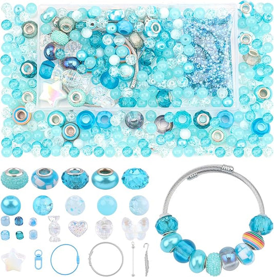 630pcs Beads for Bracelets Making Kit, European Large Hole Beads for Pens, 8mm Round Glass Beads with Charms Spacer Beads for DIY Bracelet Necklace Earring Jewelry Making (Lake Blue)