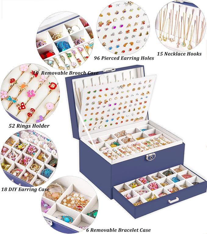 Earring Jewelry Box for Women Girls Stud Organizer, 5 Layers Navy Jewelry Organizer Box With Lock Earring Holder Organizer Ring and Necklace Jewelry Box with Earrings Holder for Women Girls