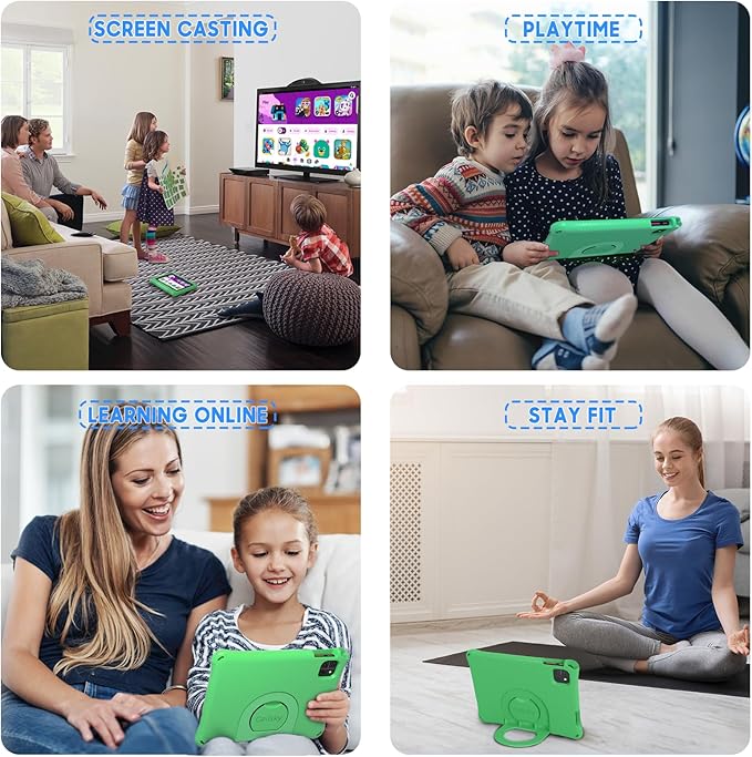 Kids Tablet, 10.1 Inch Android 15 Tablet for Kids, 12GB+64GB, Octa-Core, 6000mAh Battery, WiFi 6, Pre-Installed Kids Apps, Parental Control, ABCmouse for 30-Days Free, with EVA Protective Case (Green)
