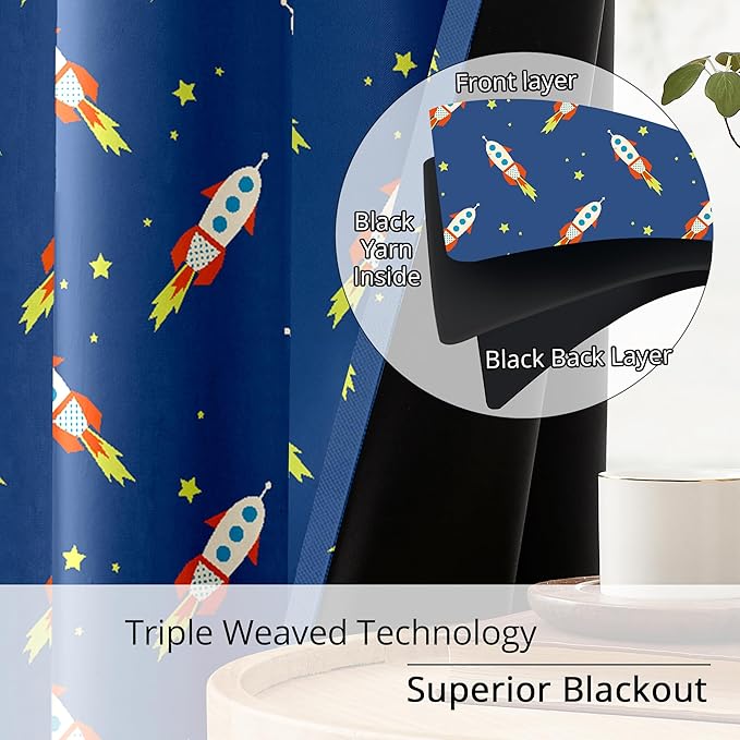 Kids Space Rocket Blackout Curtains - 100% Blackout, Thermal Insulated, Noise Reducing, Perfect for Kids Room and Nursery, 2 Panels (Rocket Blast-Off Repeat, W52×L63)
