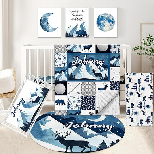 Custom 5-Piece Baby Crib Bedding Set, Personalized Name for Toddlers, Blue Deer Nursery Set for Boy Girl, Double Layer Infant Crib Set, Customized Gifts