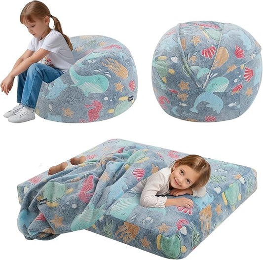 COMAX Kids Bean Bag Chair Turn into Beanbag Bed, Toddler Bean Chair for Girl Boy Sleeping, Lazy Children Bean Bags with Filler, Convertible Child Floor Mattress, Ocean Life