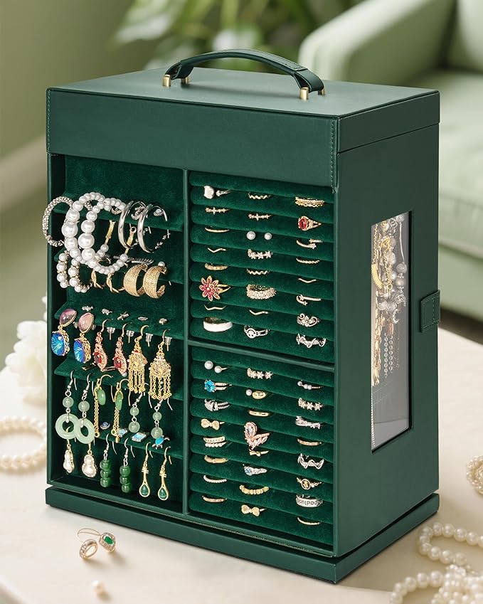 AKOZLIN 360° Rotating Jewelry Box 6-Tier Organizer Functional Jewelry Storage Case for Women Girls Ring Necklace Earring Bracelet Holder with Mirror