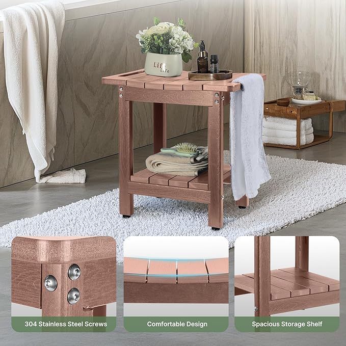 HDPE Shower Bench Seat Capacity 300LB, Waterproof Bathroom Stool with Side Carry Holes, Compact 16.8" L Design, Non-Slip Shower Seat for Elderly, Shaving Legs & Spa - Indoor/Outdoor Use(Brown)