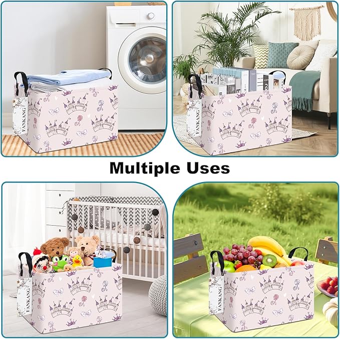 FANKANG Storage Bins, Nursery Hamper Canvas Laundry Basket Foldable with Waterproof PE Coating Large Storage Baskets for Kids Boys and Girls, Office, Bedroom, Clothes,Toys(Rec-Princess Castle