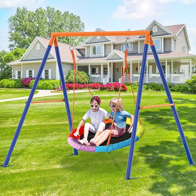 GIKPAL Saucer Swing with Stand for Kids Outdoor, 440lbs Swing Set with Heavy-Duty Metal Frame and Adjustable Ropes, Safe Waterproof Round Playset for Backyard Playground Park, Rainbow Color