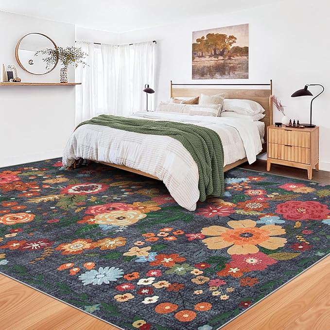 9x12 Area Rug for Living Room: Vintage Floral Washable Rug Soft Boho Non Slip Carpet Large Indoor Floor Non Shedding Low Pile Thin Carpets for Bedroom Dining Room Farmhouse Nursery Home Office Black