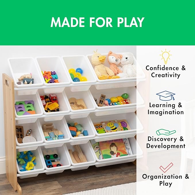 Humble Crew Supersized Toy Storage Organizer with 16 Removable Bins, Natural/White – Large Toy Storage for Toddlers Ideal for Kids' Rooms, Playrooms, and Nurseries - Modern Toy Bins for Kids