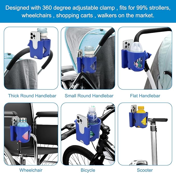 Accmor Universal Cup Holder, Stroller Cup Holder with Phone Holder, 360° Rotatable Large Caliber Designed Bottle Holder for Stroller, Bike, Wheelchair, Walker, Scooter