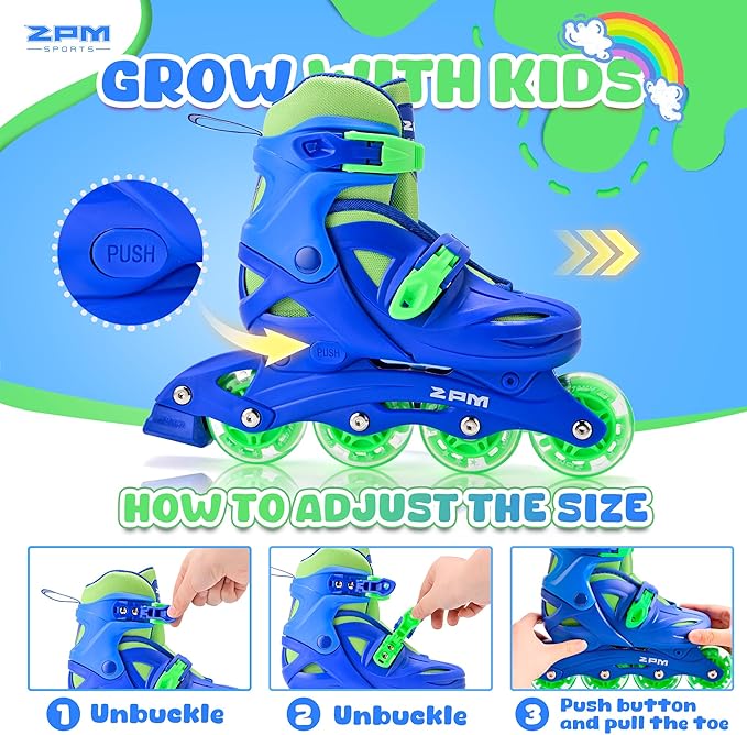 2PM SPORTS Inline Skates with Light Up Wheels, Roller Skates Blades for Boys Girls Kids Ages 5-8 8-12 4-6 6-12, Size Adjustable Beginner Blades Roller Skates