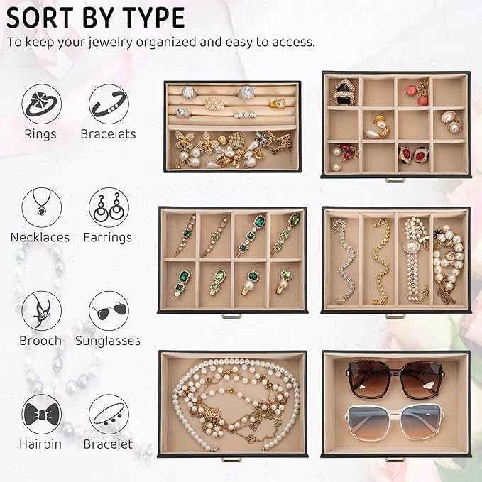 AKOZLIN Large 6-Tier Jewelry Box Lockable Leather Jewelry Storage Case with 5 Drawers for Women Girls Ring Necklace Earring Bracelet Holder Organizer with Mirror