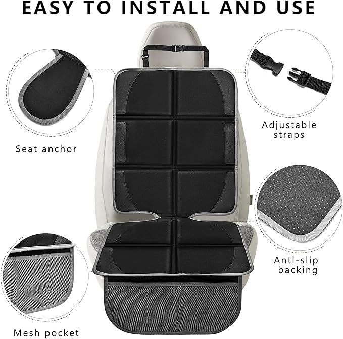 Car Seat Protector 2 Pack Baby Car Seat Covers with Mesh Pockets & Non-Slip Backing 600D Durable Seat Protector Under Baby Car Seat (Black & Gray, Large)