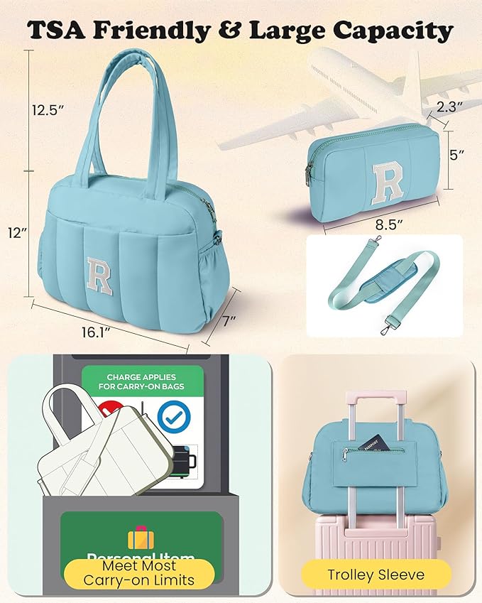 Duffle Bag, Weekender Bags for Girl，Travel Essentials for Women-Initial Overnight Bag with Wet Pocket，Monogrammed Gift-Lightweight Dance Bags Personalized Gymnastics bag with Makeup Pouch