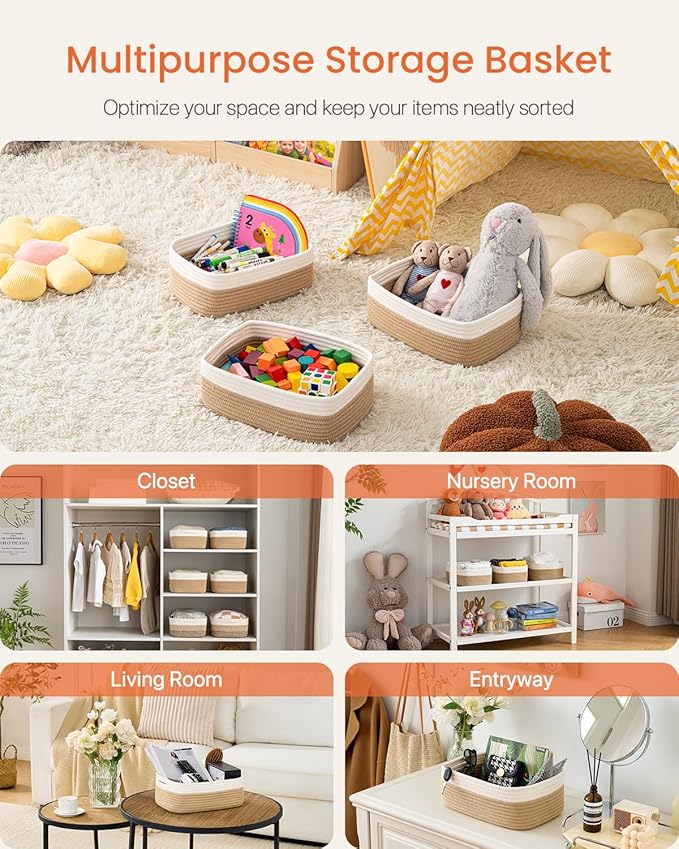 KALLAX Small Woven Basket, 13.5 x 9.5 x 5 Inches, Storage Basket for Organizing, Cute Small Rope Shelf Closet Cube Storage Bins Baskets for Shelves, Dog Toy Gift Baskets Empty, 3 Pack White & Brown