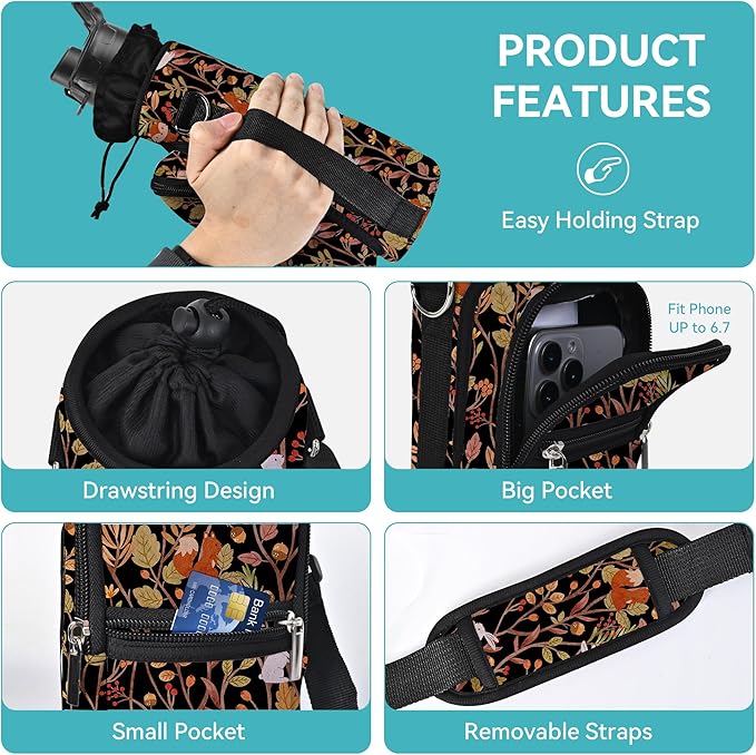 25/32/40/64oz Water Bottle Bag Holder Carrier-Insulated Crossbody Sling Case Sleeve with Strap & Pockets for Men Women Gym Cycling Travel Walking Hiking Camping