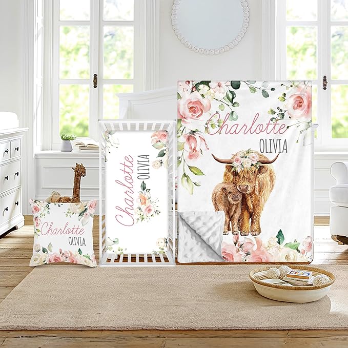 Custom Crib Bedding Set - Highland Cow Design Personalized Name Baby Nursery Bed 3 Pcs Set - Chic Soft Blanket with Dotted Backing, Sheet, Pillowcase for Newborn Girls Boys Gifts Color02