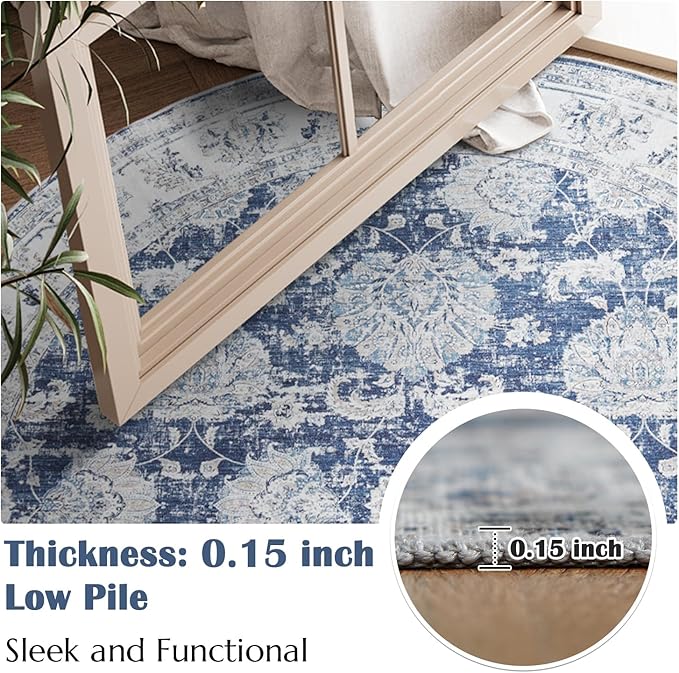 jinchan Round Rug 8ft Area Rugs Vintage Floral Distressed Design Machine Washable Non-Slip Low-Pile Ultra-Thin Circle Rug for Living Room Dining Room Bedroom Home Office Farmhouse (8' Round,Dark Blue)