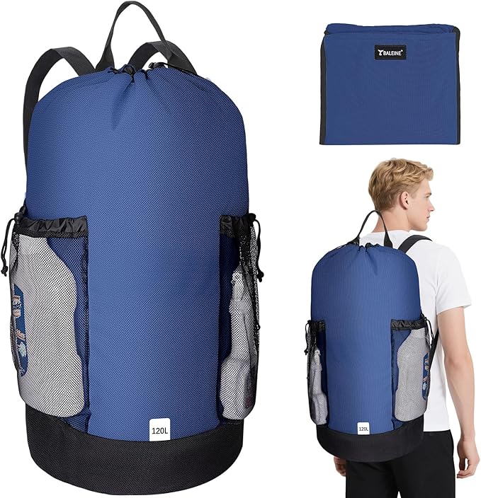 BALEINE 120L Laundry Bag Backpack, 900D Oxford Fabric Large Travel Laundry Bags with Shoulder Straps and 2 Mesh Pockets for College Dorm, Apartment, Laundromat (Navy, 120L)