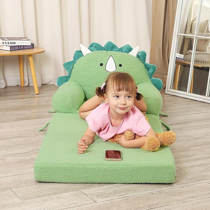 Foldable Kids Sofa, Triceratops Toddler Couch With Tri Folding Foam Cushions, Comfy Couch for Ages 18 Months and Up