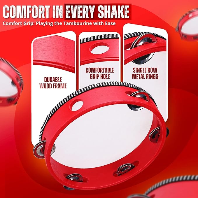 Flexzion Wooden Round Tambourine for Kids and Adults 8" Inch Single Row 8 Pair Jingles, Red Handheld Percussion Instrument for Beginner and Professional Tambourine Player