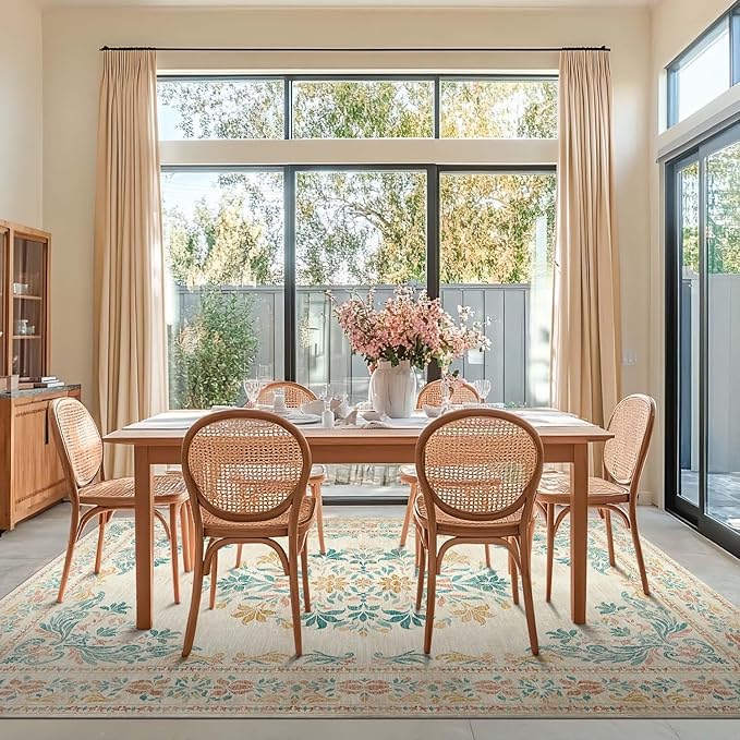 jinchan Vintage Floral 8x10 Area Rugs for Living Room - Machine Washable Distressed Design Soft Throw Rug Thin Non-Slip Large Carpet for Bedroom Nursery Dining Room Home Office(8x10ft,Apricot)