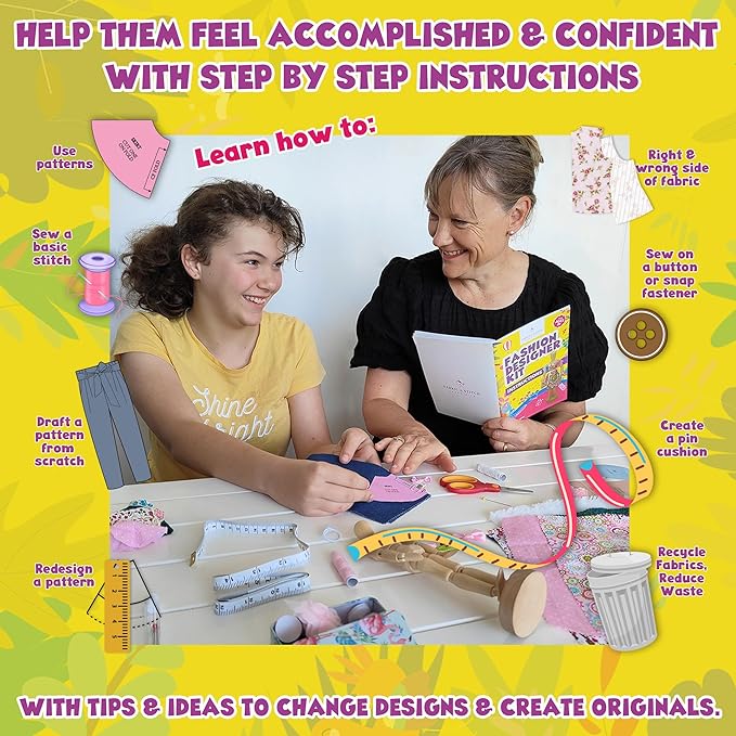 Fashion Designer Kits for Girls Ages 8+ Beginners Learn About Patterns, Draft & Re-Design Patterns, Sew & Be A Fashion Designer for The 8.5 in. Wood Mannequin. Sewing Kits for Kids 8-12