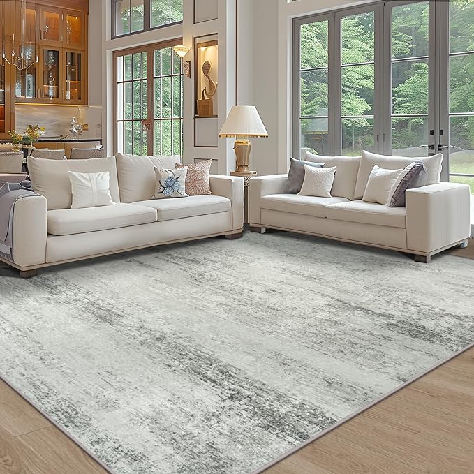 Area Rug 9x12 Washable Rugs: Abstract Large Living Room Rugs with Non-Slip Backing, Thin Carpet for Dining Room Table Bedroom Nursery Indoor Home Office-Gray
