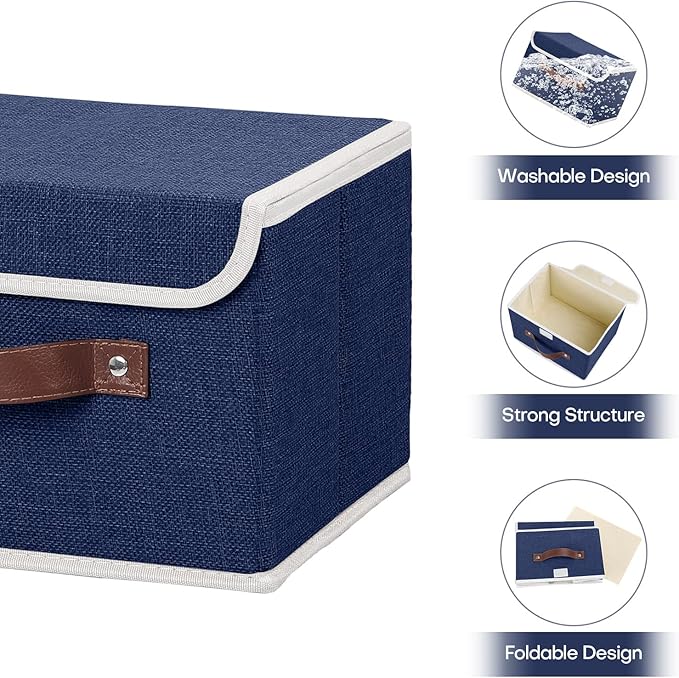 ANMINY 2PCS Storage Bins with Lid PU Leather Handles Storage Boxes PP Plastic Board Decorative Foldable Lidded Cotton Linen Fabric Home Cubes Baskets Closet Organizer Containers - Blue, Small Size