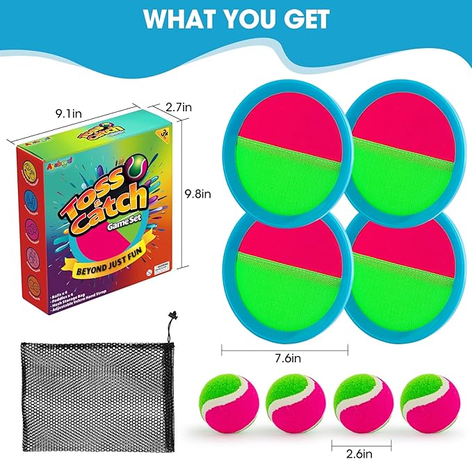 Ayeboovi Toss and Catch Ball Set Beach Toys Pool Toys Outdoor Games Outdoor Toys Yard Games Easter Toys Gifts for Kids Ball and Catch Game with 4 Paddles and 4 Balls [Upgraded Version]