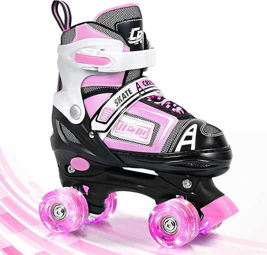 Adjustable Quad Skates for Kids, Teens, and Adults – Light-Up Wheels – Comfortable Fit, Secure Closure, Indoor and Outdoor Roller Skates for Boys and Girls