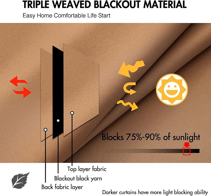 ANRODUO Back Tab Blackout Curtains for Bedroom Living Room, Rod Pocket Pinch Pleated Thermal Insulated Room Darkening Curtains 63 Inches Long 2 Panels, Brown, 42 x 63 Inch