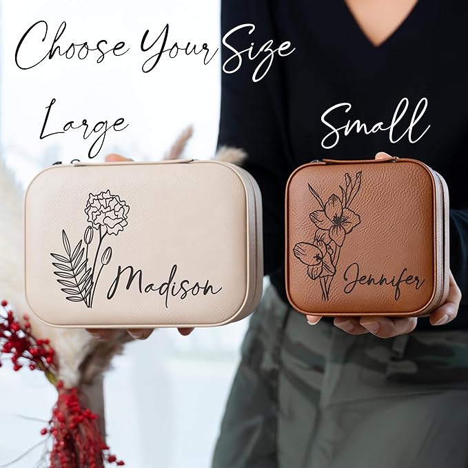 Custom Leather Jewelry Box w/Name & Birth Flower Month - Birthday Gifts for Women, Personalized Jewelry Travel Case - Customized Jewelry Organizer Box, Mom Birthday Gifts - Chestnut