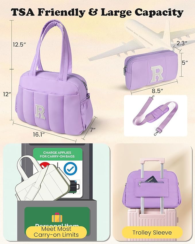 Gift for Teen Girl 10 11 12 13 14 15 16 Year Old-Initial Duffle Bag, Carry On Bags for Women，Overnight Bag with Wet Pocket，Lightweight Travel Bags Personalized Gym Tote with Makeup Pouch