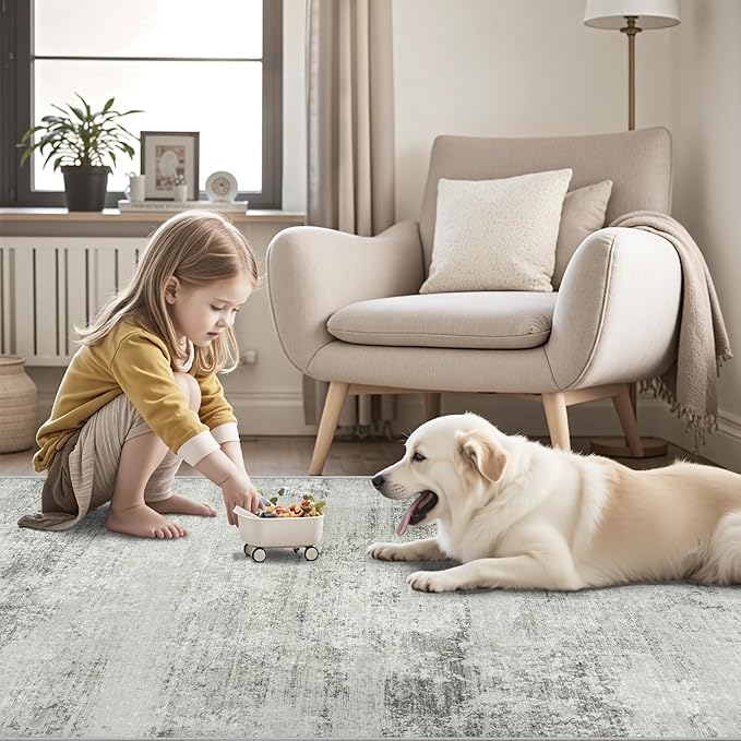 5x7 Area Rugs for Lliving Room Bedroom, Abstract Washable Rugs with Non-Slip Backing, Stain Resistant Thin Carpet for Dorm Dining Room Table Nursery Indoor Home Office-Gray