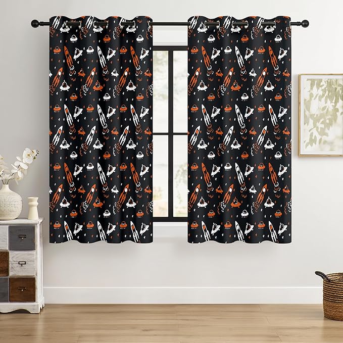 Kids Space UFO and Rocket Blackout Curtains - 100% Blackout, Thermal Insulated, Noise Reducing, Perfect for Kids Room and Nursery, 2 Panels (Starlight Rocket Chase, W52×L63)